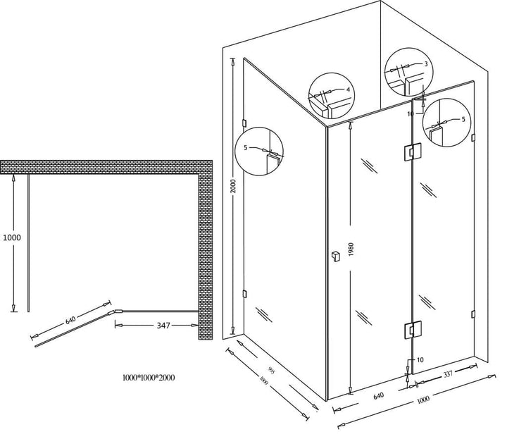 1000 x 1000 Frameless Shower Screen