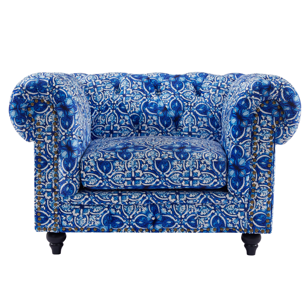 Chesterfield Arm Chair Lounge Blue & White Digital  Print