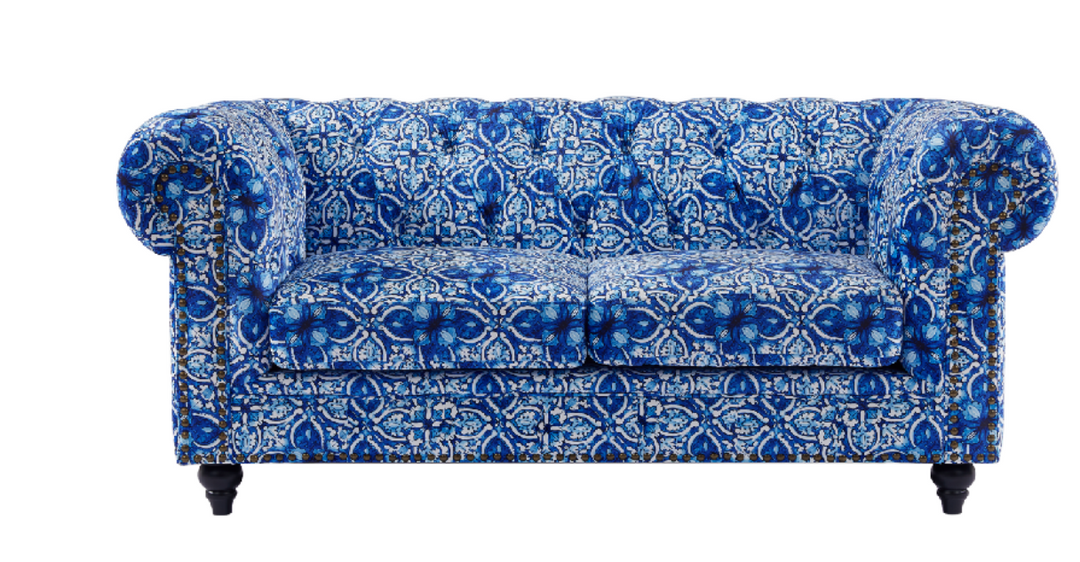 Chesterfield 2 Seater Sofa Blue & White Digital  Print