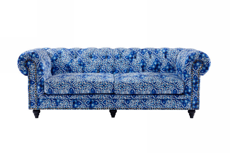 Chesterfield 3 Seater Lounge Blue & White Digital  Print