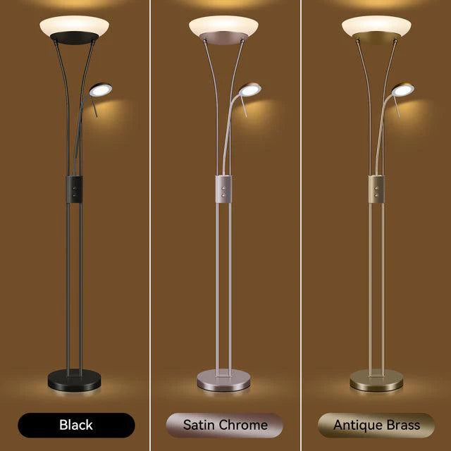 Quinn Elegant LED Mother & Child Floor Lamp - Black/Brass/Chrome, Glass Shade, 1800mm High, PL0023