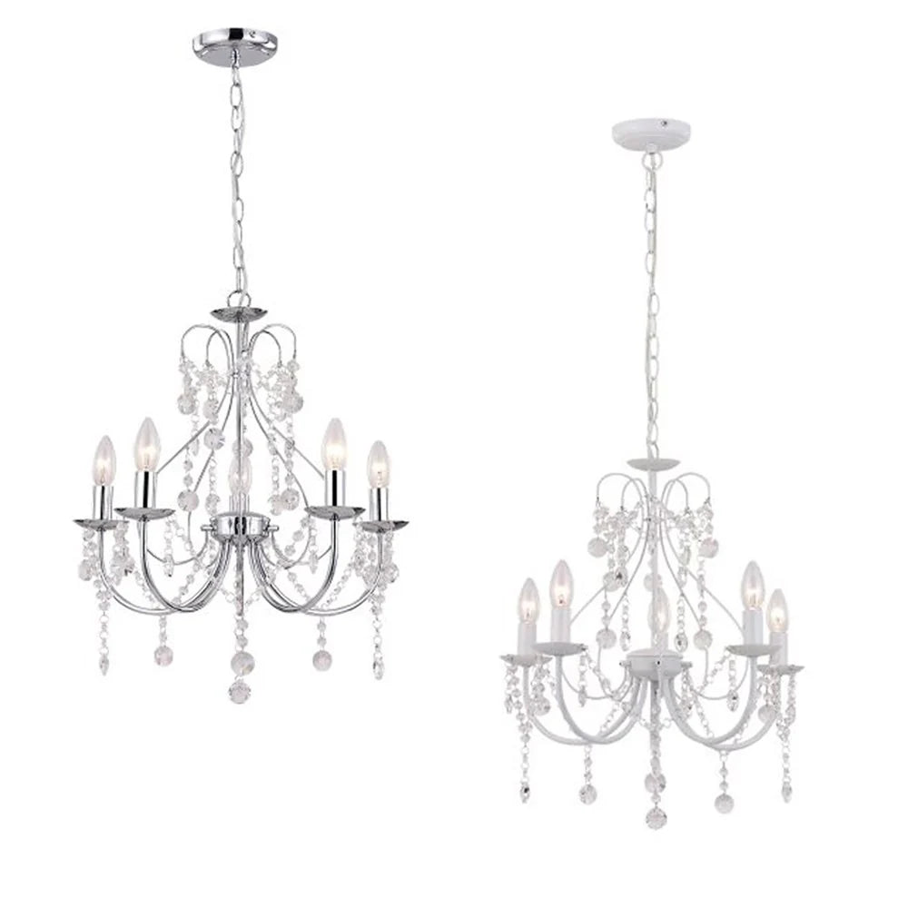 Parker Glamorous Crystal Chandelier Light - Chrome or White, 5 Lights, PL0160