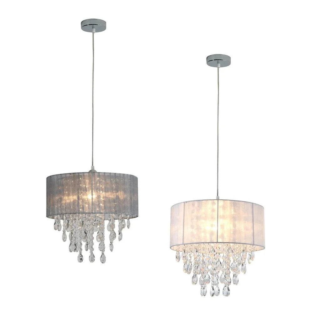 Victoria Elegant Fabric and Acrylic Chandelier Light - Grey or White, PL0281