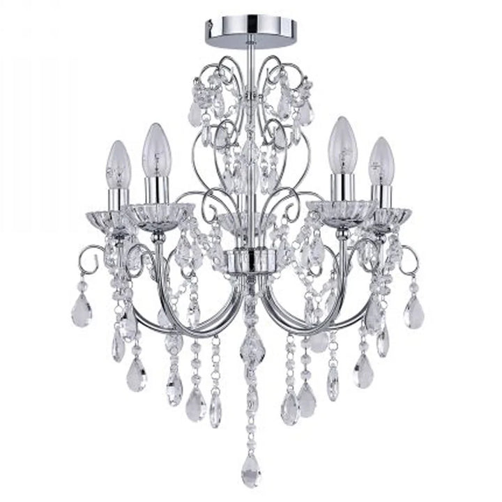 Lily Elegant Metal and Crystal Chandelier Light - Chrome, 5 Lights PL0161