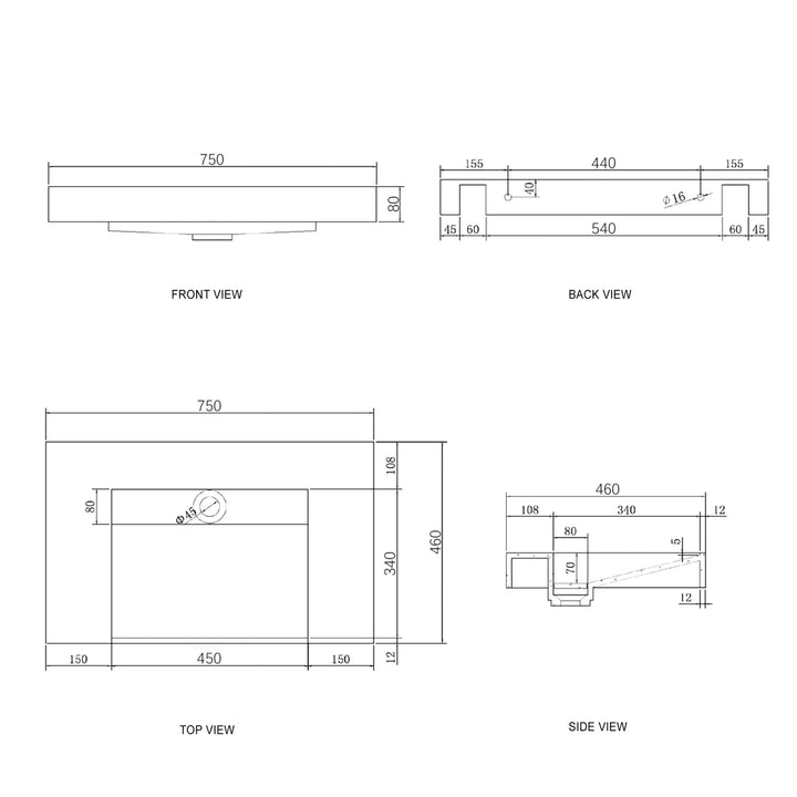 Moonlight Solid Surface Top 750mm