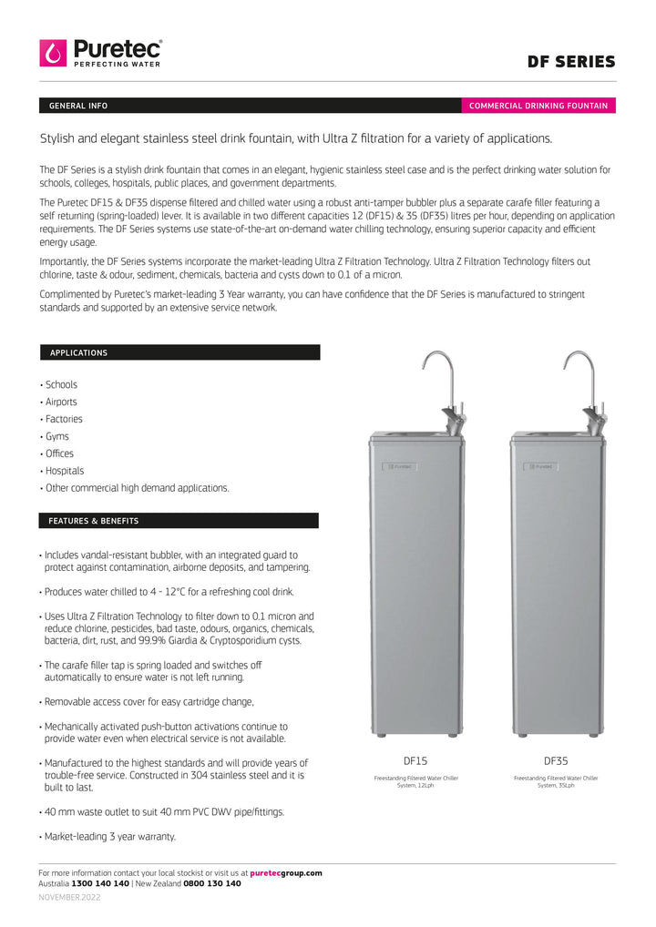 Puretec DF35 Freestanding Filtered Water Chiller System | Premium 35Lph Chilled Water Solution