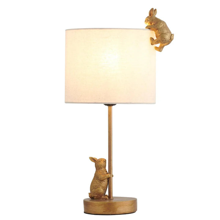 Quinn Playful Rabbits, Iron and Resin Table Lamp - Gold, White Fabric Shade, 450mm High, PL0252