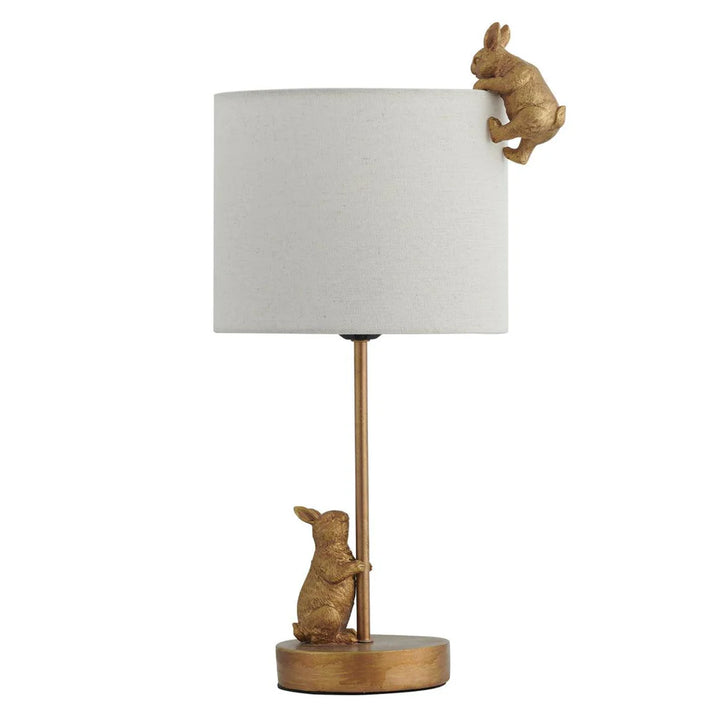 Quinn Playful Rabbits, Iron and Resin Table Lamp - Gold, White Fabric Shade, 450mm High, PL0252