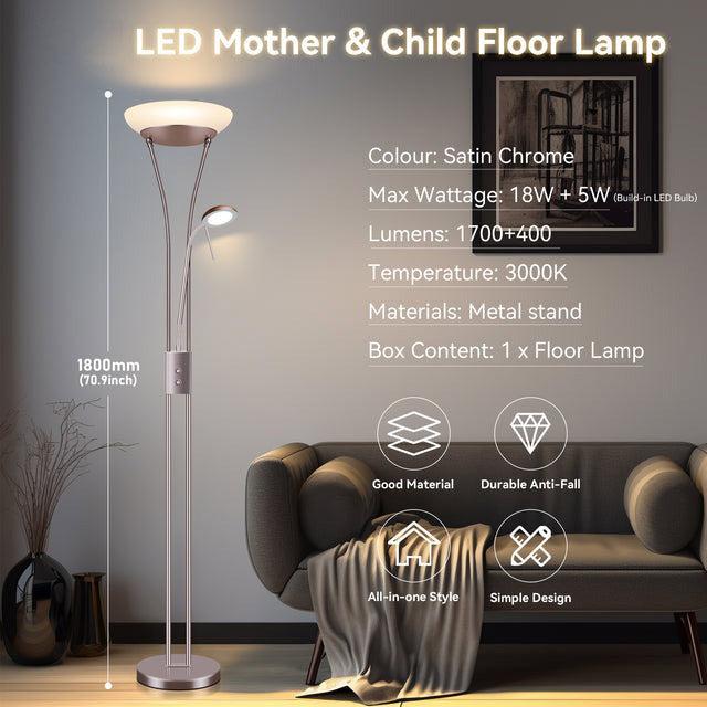 Quinn Elegant LED Mother & Child Floor Lamp - Black/Brass/Chrome, Glass Shade, 1800mm High, PL0023