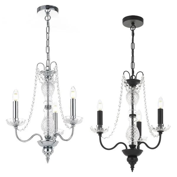 Rhine Pendant Light 3Lt w/ Clear Glass in Black or Chrome