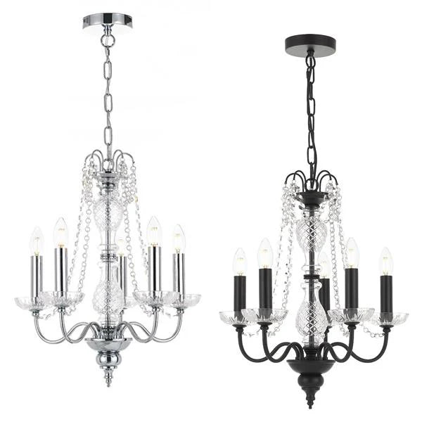 Rhine Pendant Light 5Lt w/ Clear Glass in Black or Chrome