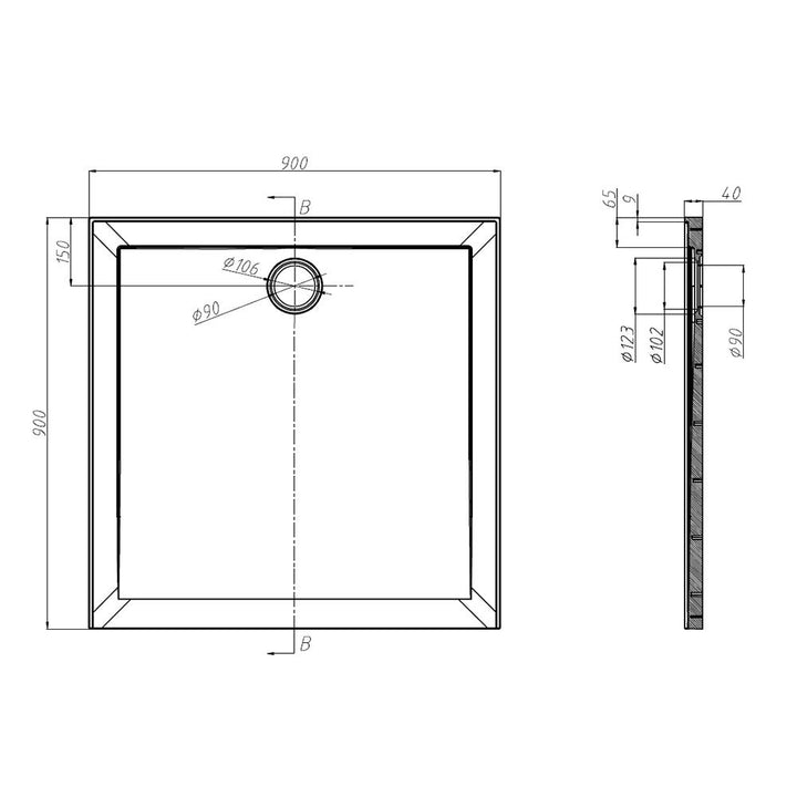 SMC Shower Base 90x90cm Rear Outlet