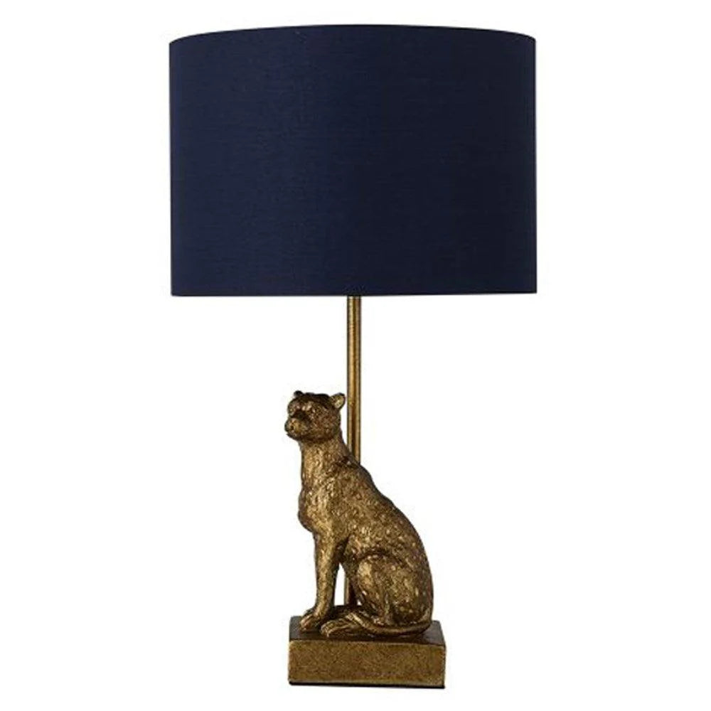 Sadie Charming Cheetah, Resin Table Lamp - Copper, Navy fabric Shade, 390mm High, PL0104