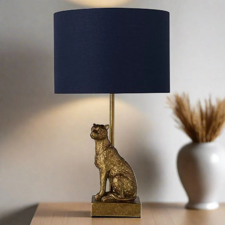 Sadie Charming Cheetah, Resin Table Lamp - Copper, Navy fabric Shade, 390mm High, PL0104