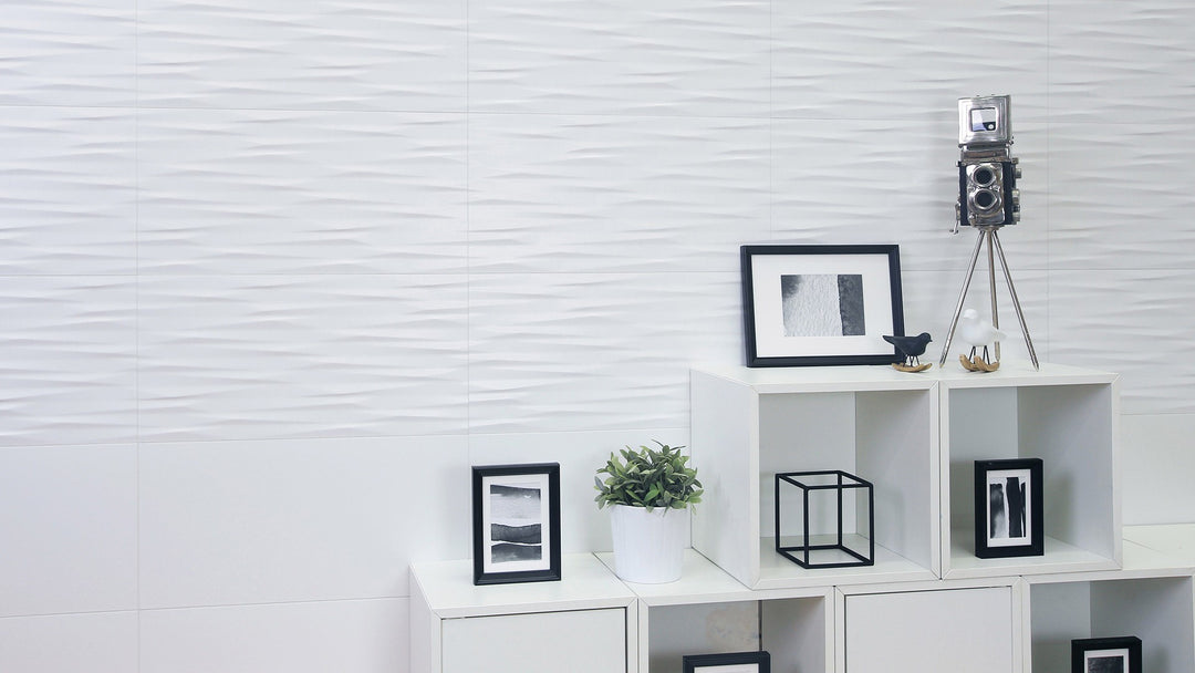 Serenity Sapporo Geometric White 300x600mm Wall Tile: Contemporary Design for Chic Interiors