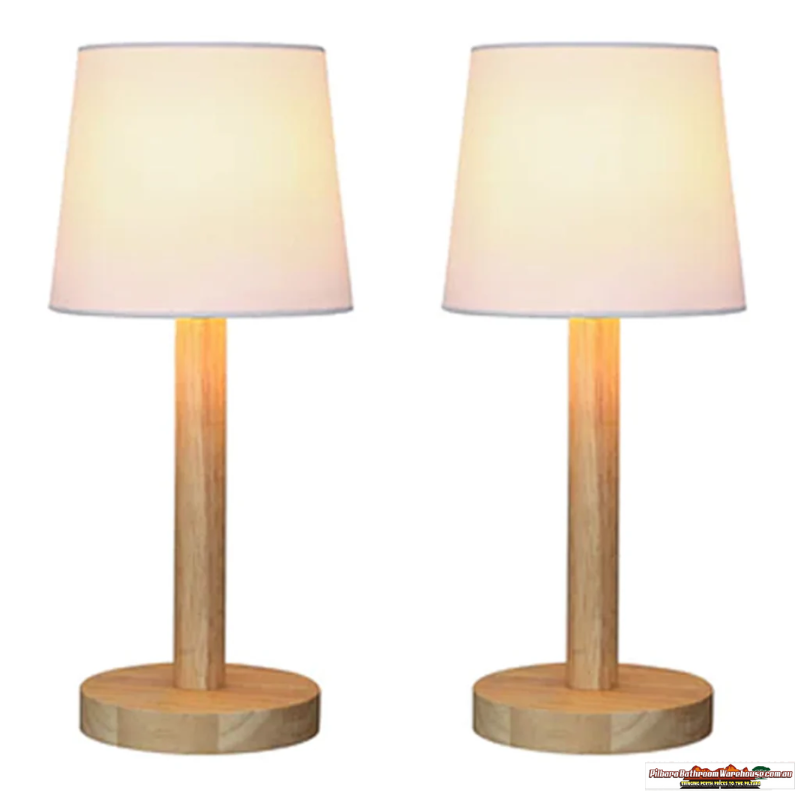 Serenity Charming, Rubberwood Table Lamp (Set of 2) - Timber, White Fabric Shade, 340mm High, PL0226