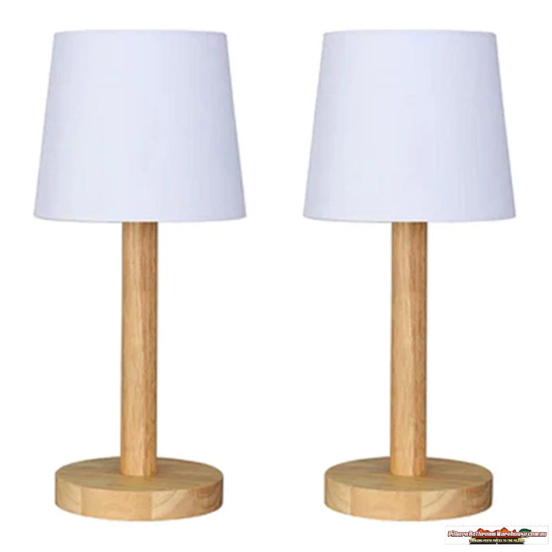 Serenity Charming, Rubberwood Table Lamp (Set of 2) - Timber, White Fabric Shade, 340mm High, PL0226