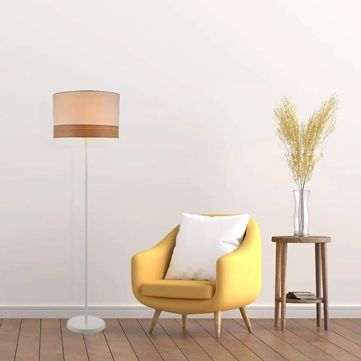 Tambura Floor Lamp & Shade with Wood Veneer Trim in White or Black