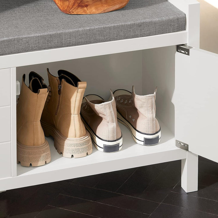 White Shoe Bench Shoe Rack Cabinet with Double Doors and Padded Seat