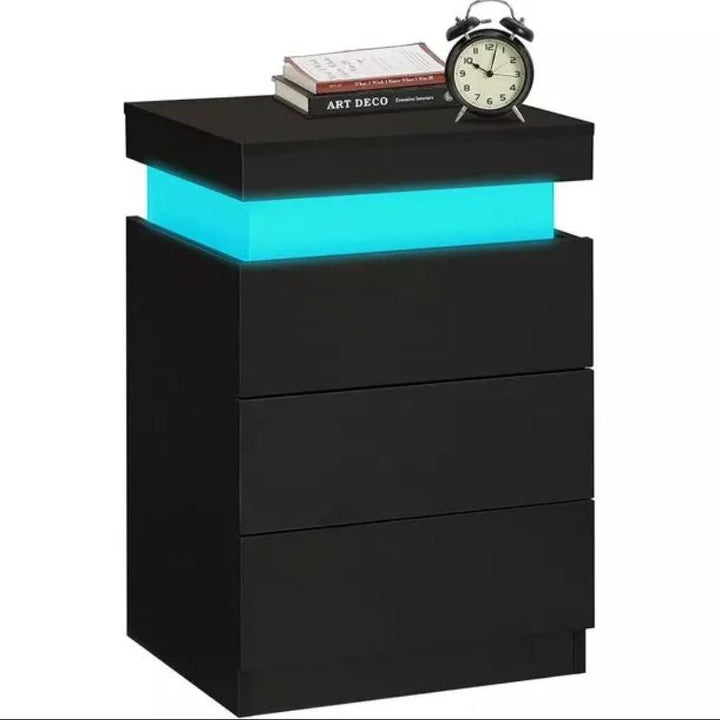 LED Bedside Table High Gloss Nightstand Cabinet with 3-Drawers Black