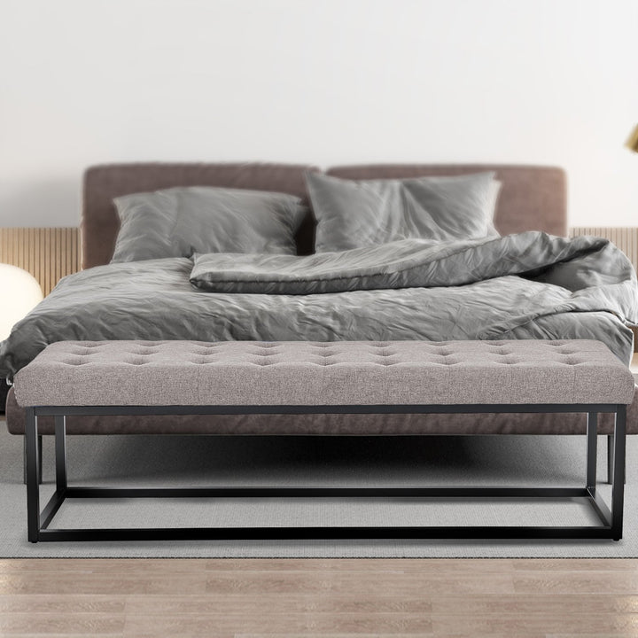 Stylish Sarantino Cameron Button-tufted Upholstered Bench with Metal Legs - Light Grey Linen