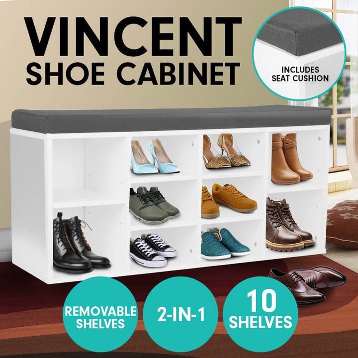 Modern Shoe Cabinet with Padded Bench - Melamine Finish - Store Up to 10 Pairs of Shoes