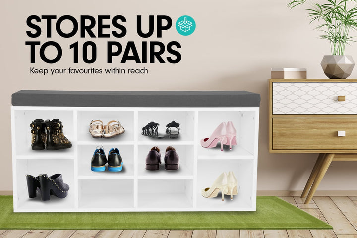 Modern Shoe Cabinet with Padded Bench - Melamine Finish - Store Up to 10 Pairs of Shoes