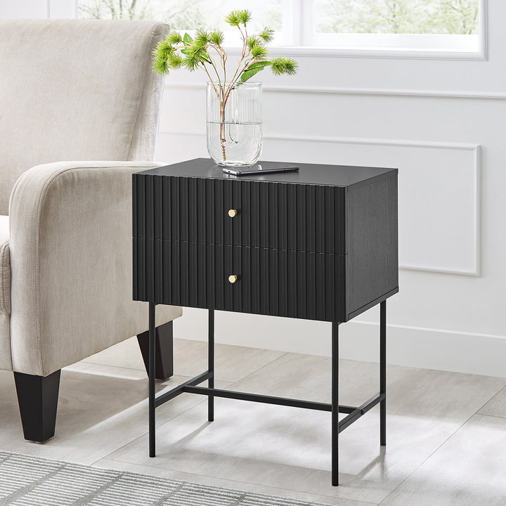 Contemporary Arden Slender Fluted 2-Tier Drawer Side Table with Golden Handles