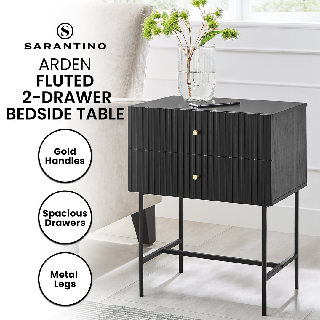 Contemporary Arden Slender Fluted 2-Tier Drawer Side Table with Golden Handles