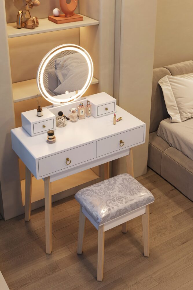 Touch Screen LED Vanity Table Set with Storage - White