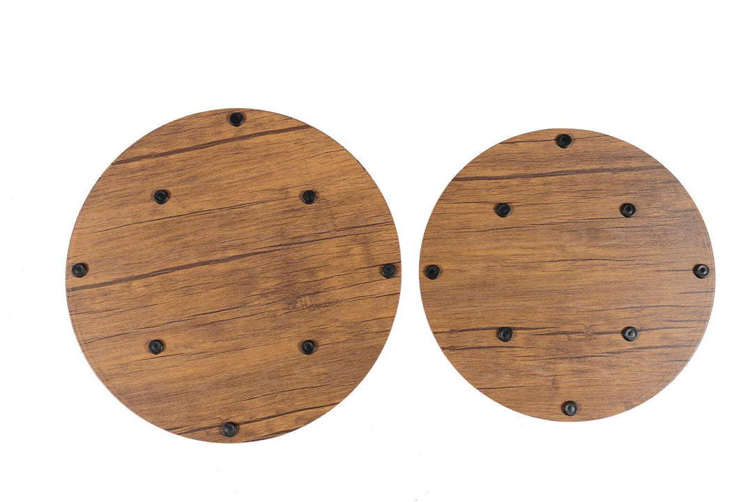 Unique Rustic Coffee Table Set - Round Tops, Geometric Bases
