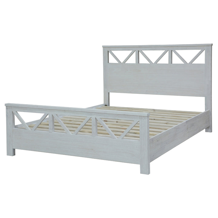 Coastal Style King Bed with V-Shaped Pattern and White-Washed Finish