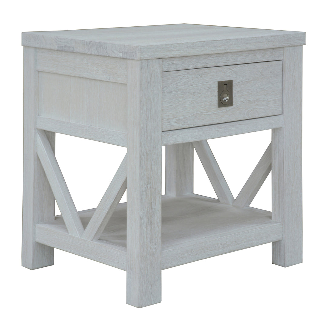 Coastal Style Bedside Table White Wash with Drawer & Shelf