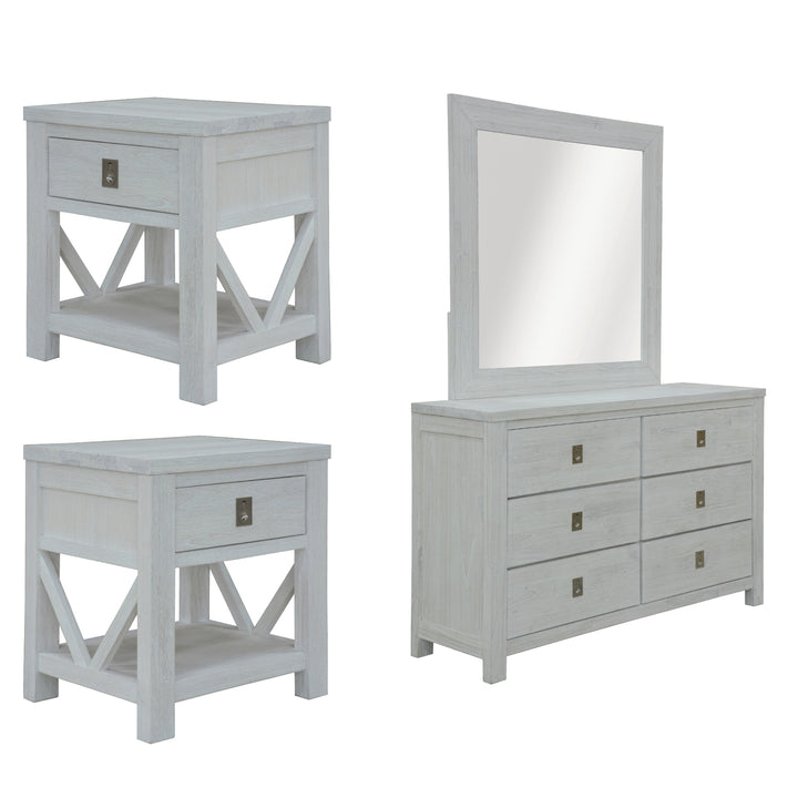 Dresser-Mirror-Bedside Set Coastal Style White Wash