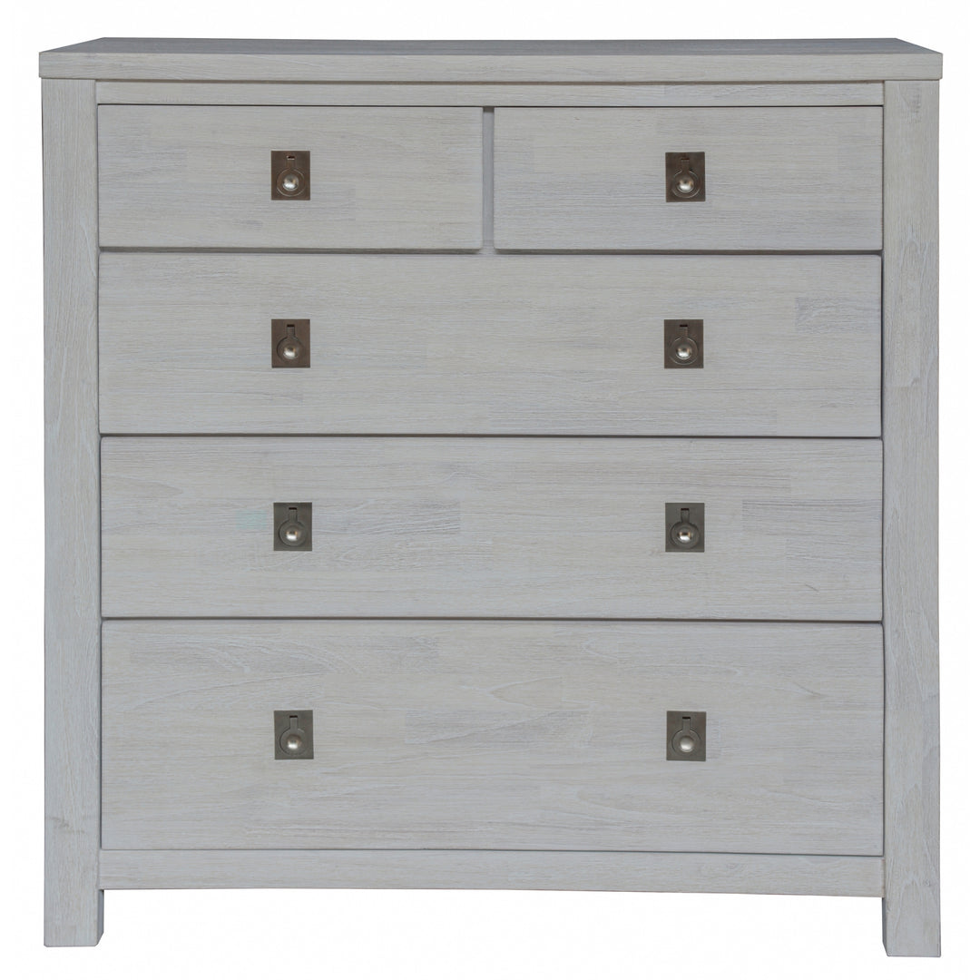 Coastal Style Tallboy with 5 Drawers and White-Washed Finish