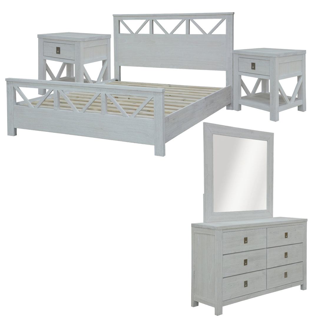 Double Bed, Dresser-Mirror Suite Coastal Style White Wash