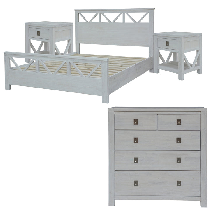 Queen Bed Suite Bedroom Furniture Package White Wash