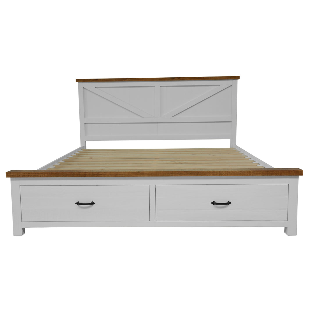 Grandy Bed Frame Quen Size Timber Mattress Base With Storage Drawer White Brown