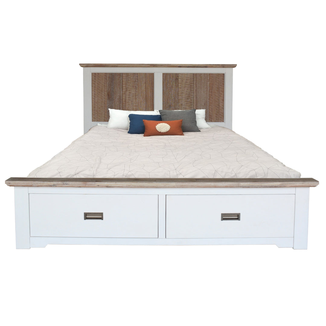 Hampton Style Multi-Colored Acacia Queen Bed with Drawers
