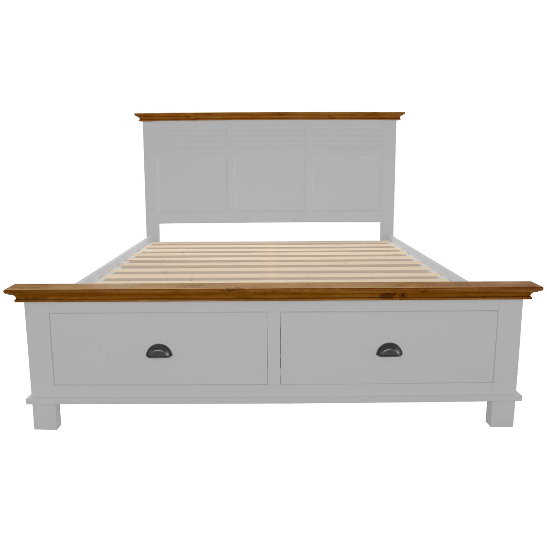 Hampton Style King Bed with 2 Drawers - Solid Pine Wood