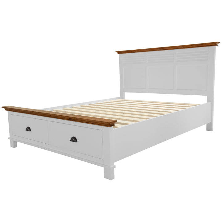 Hampton Style King Bed with 2 Drawers - Solid Pine Wood