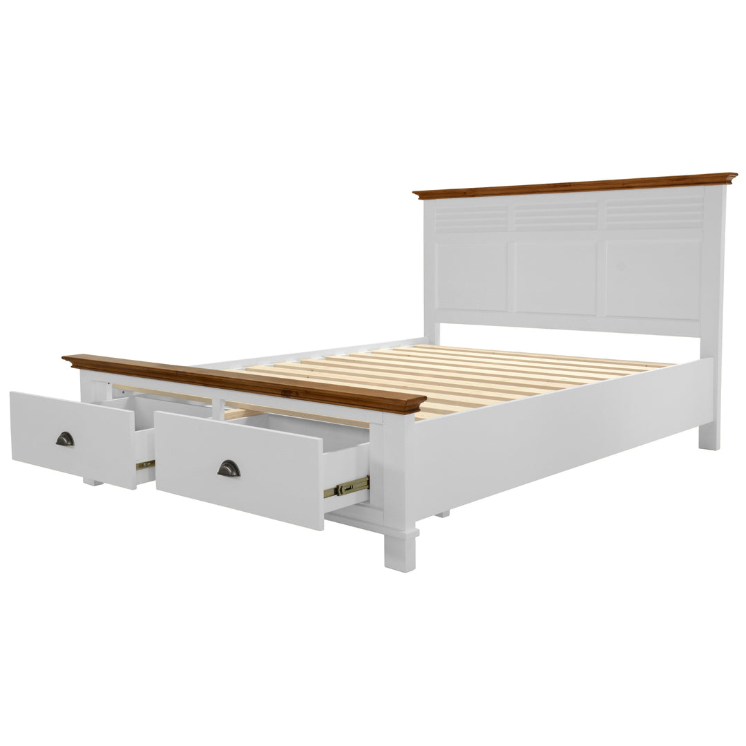 Hampton Style King Bed with 2 Drawers - Solid Pine Wood