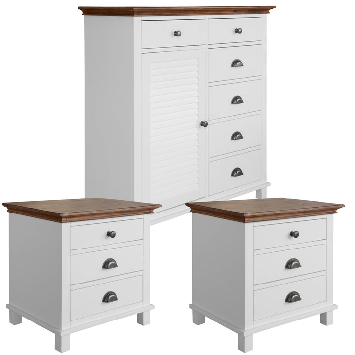 Hampton Style 2-Piece Bedside Tables & Tallboy Set - Solid Pine Wood