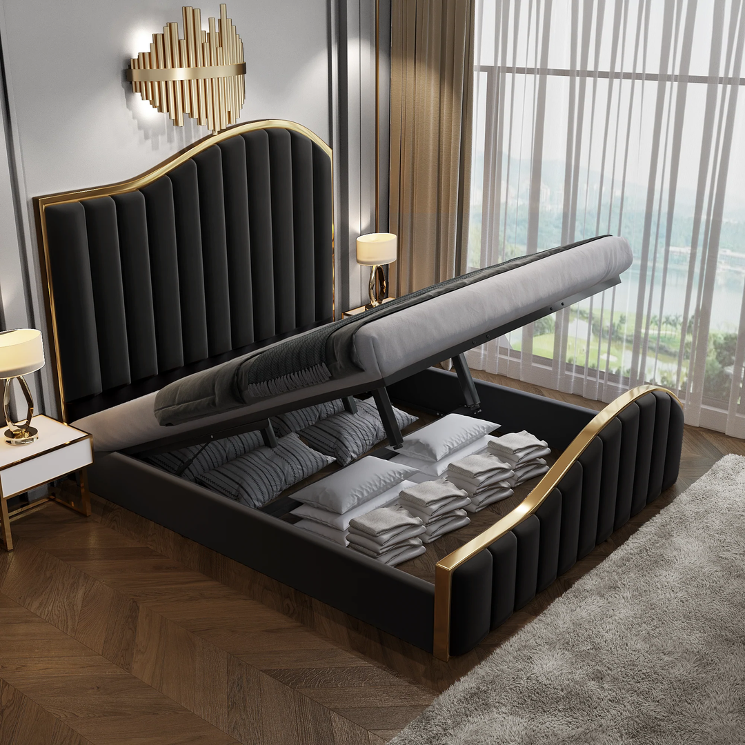 King Size Black Velvet Fabric Golden Metal Storage Elegant Luxury Bedframe