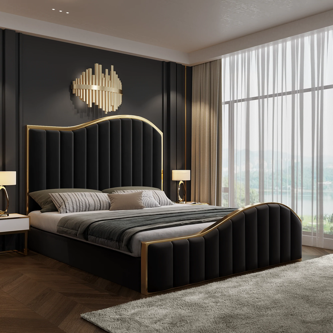 King Size Black Velvet Fabric Golden Metal Storage Elegant Luxury Bedframe