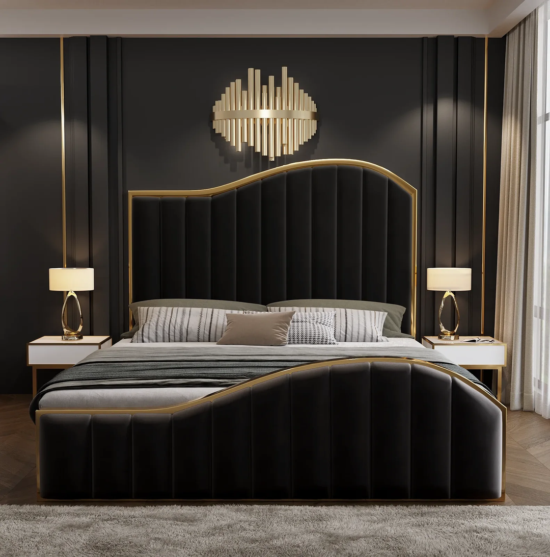 Star Shine Bedframe with Premium Black Velvet Fabric and Golden Metal Trim