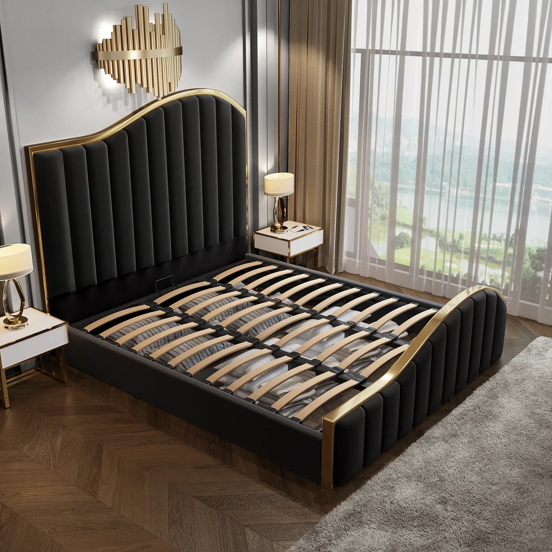 Star Shine Bedframe with Premium Black Velvet Fabric and Golden Metal Trim