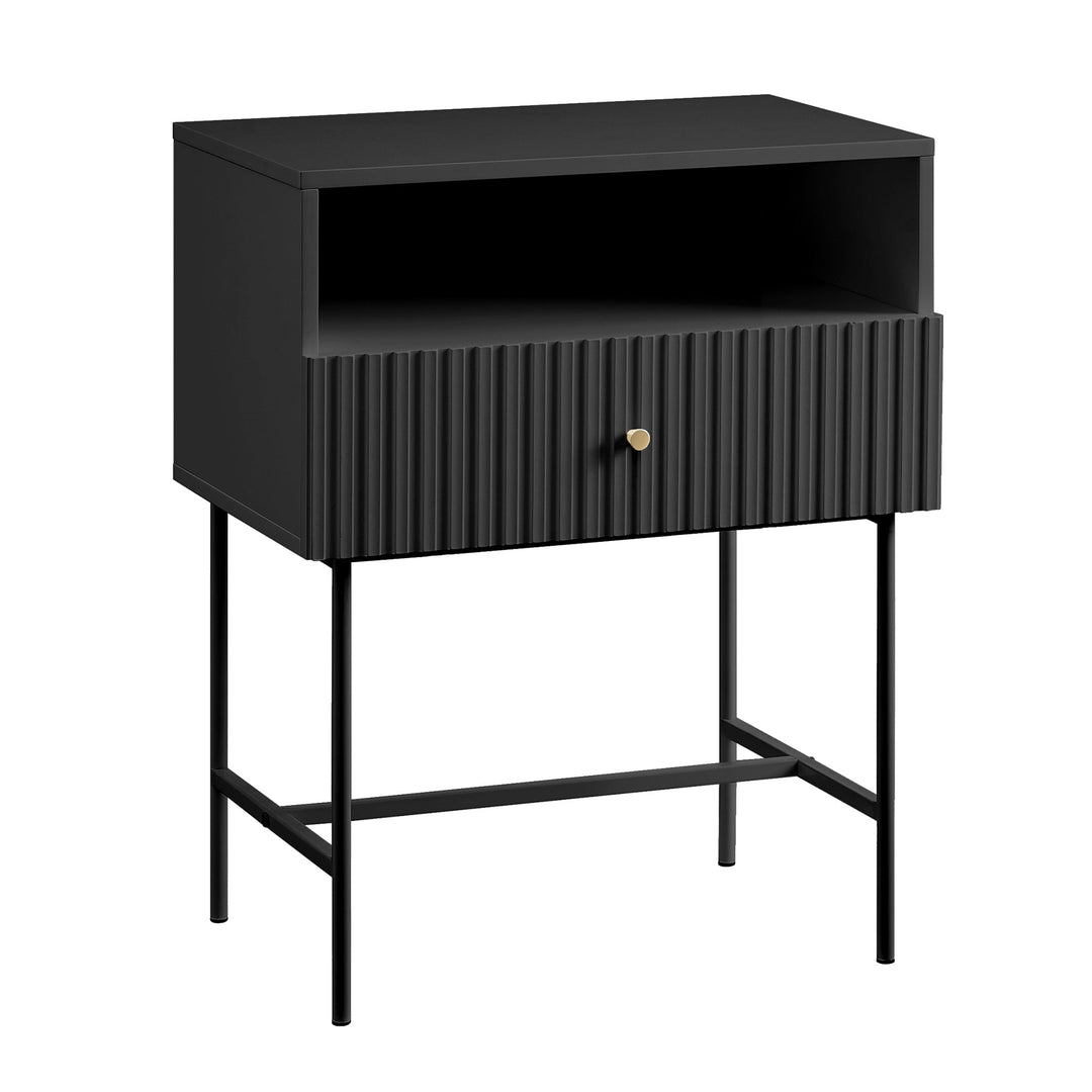 Lucia Slender Fluted Bedside Table in Black - Particle Board Melamine Body - MDF Painted Drawer Front - 13mm Metal Legs