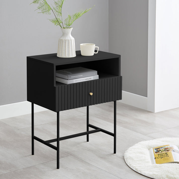 Lucia Slender Fluted Bedside Table in Black - Particle Board Melamine Body - MDF Painted Drawer Front - 13mm Metal Legs