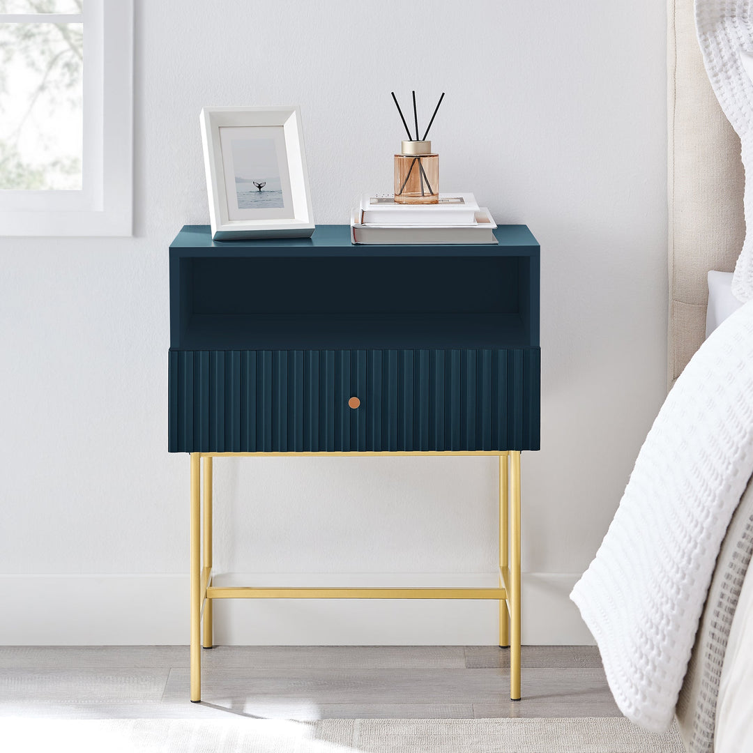 Lucia Slender Fluted Bedside Table in Blue - MDF Painted Body - 13mm Metal Legs